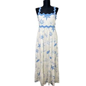Anthropologie By The River Tiered Midi Dress Size Small Blue shells white smock